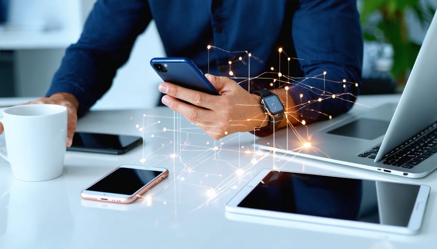 Marketing professional at desk holding a smartphone with laptop, tablet, and smartwatch, connected by subtle glowing light trails, soft daylight, blurred modern office background.