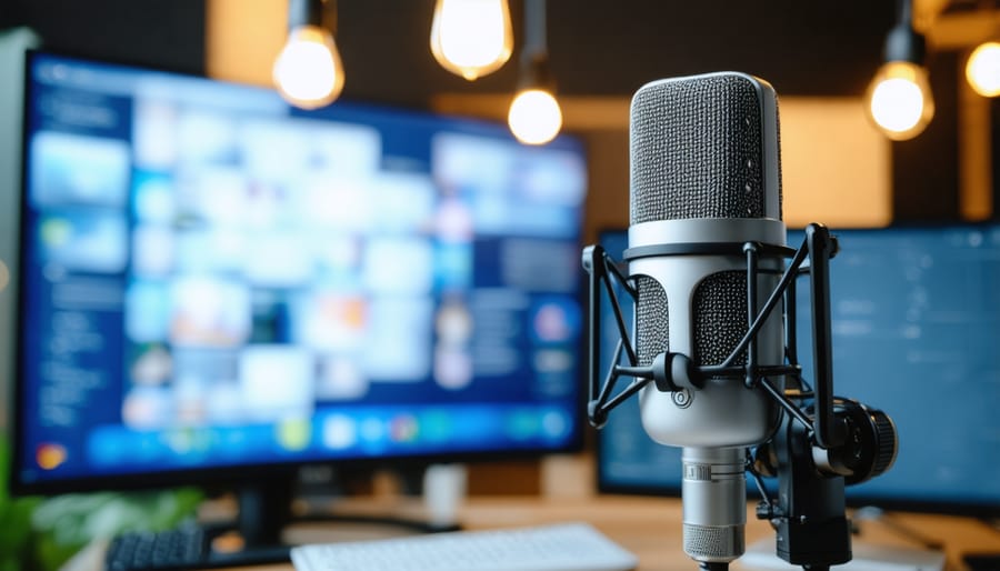 Marketing professional listening to podcast while working on laptop at modern office desk