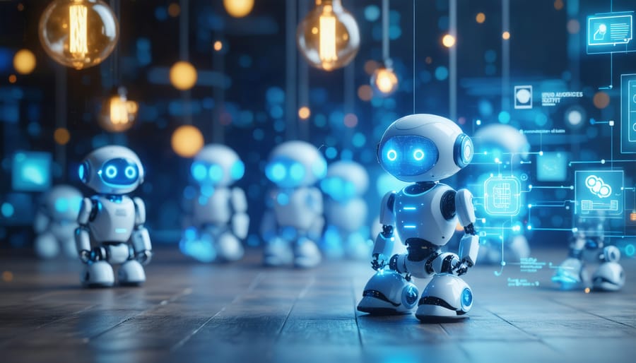 Business professionals reviewing chatbot interface on laptop in modern office