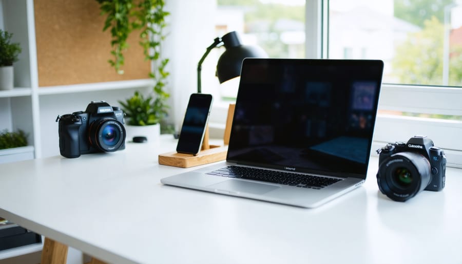 Micro-influencer at a minimalist desk with laptop, smartphone on a stand, camera and ring light, lit by soft side daylight with a blurred home office background.