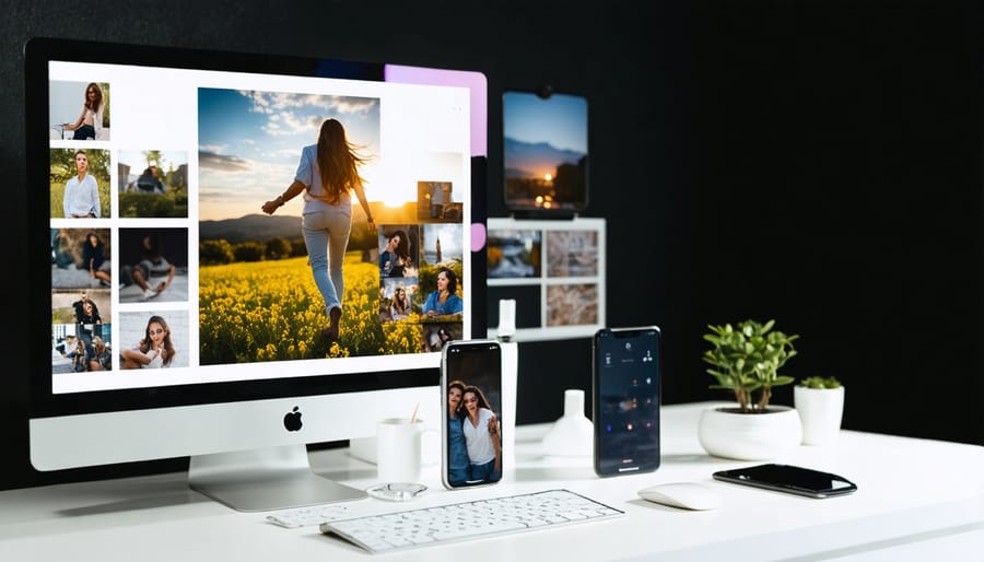 Overhead view of hands holding smartphone with laptop, tablet, and other devices on desk