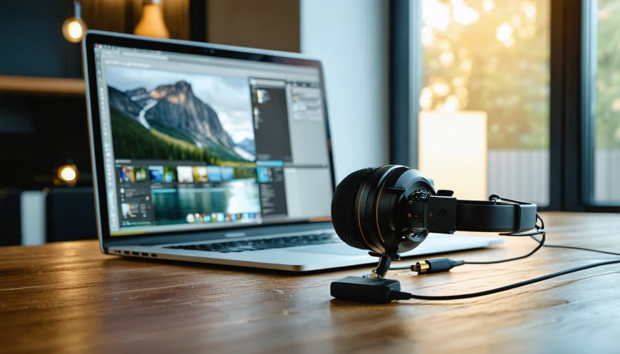 Overhead view of smartphone with podcast playing surrounded by marketing planning materials and notes