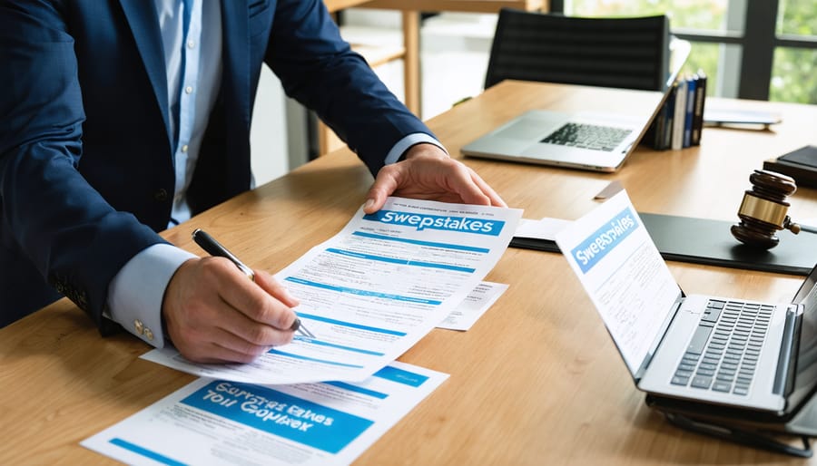 Two business professionals at a conference table reviewing printed documents beside a sealed prize box, a small judge’s gavel, a smartphone, and a laptop with blurred generic social media icons in a modern office, soft daylight and shallow depth of field.