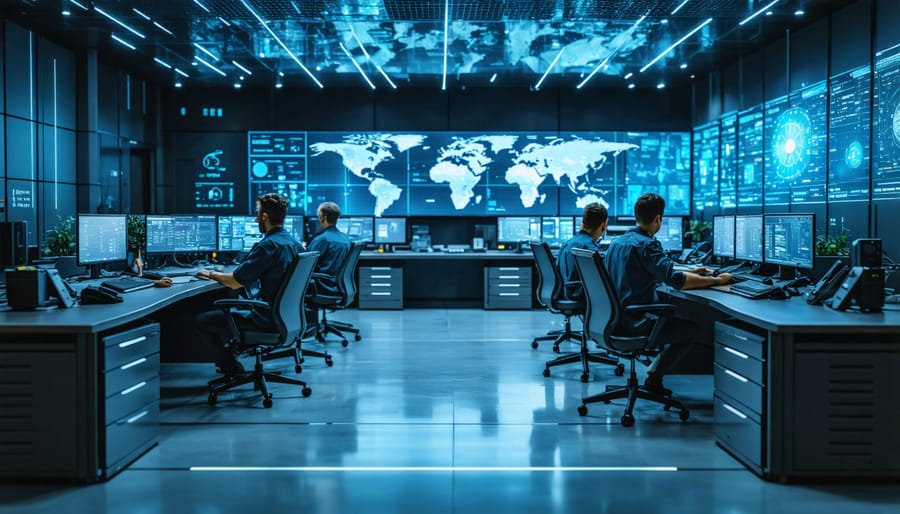 Security analyst monitoring network data on multiple computer screens in operations center