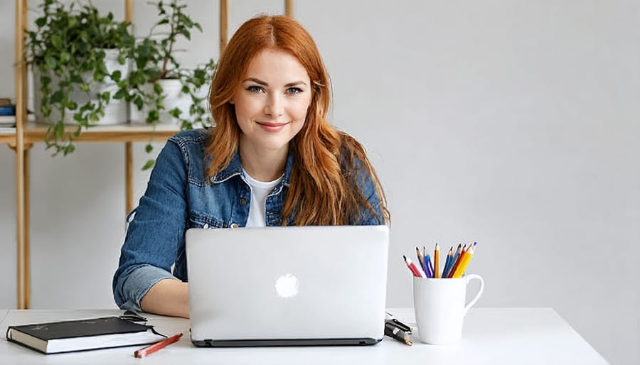 Person writing on laptop at desk with notebook, representing content creation work