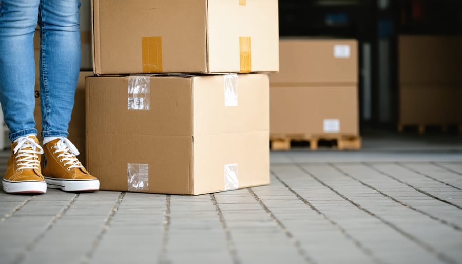 Business owner preparing product shipments with labels and packaging materials on workspace