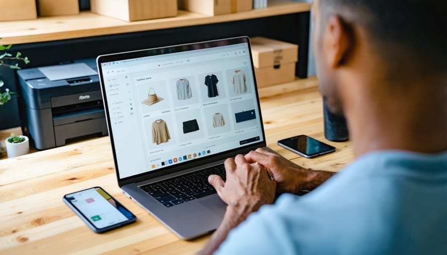 Over-the-shoulder view of a person configuring a Shopify store on a laptop at a tidy wooden desk, lit by soft daylight, with blurred shelves holding shipping boxes, a label printer, and packing materials in the background.