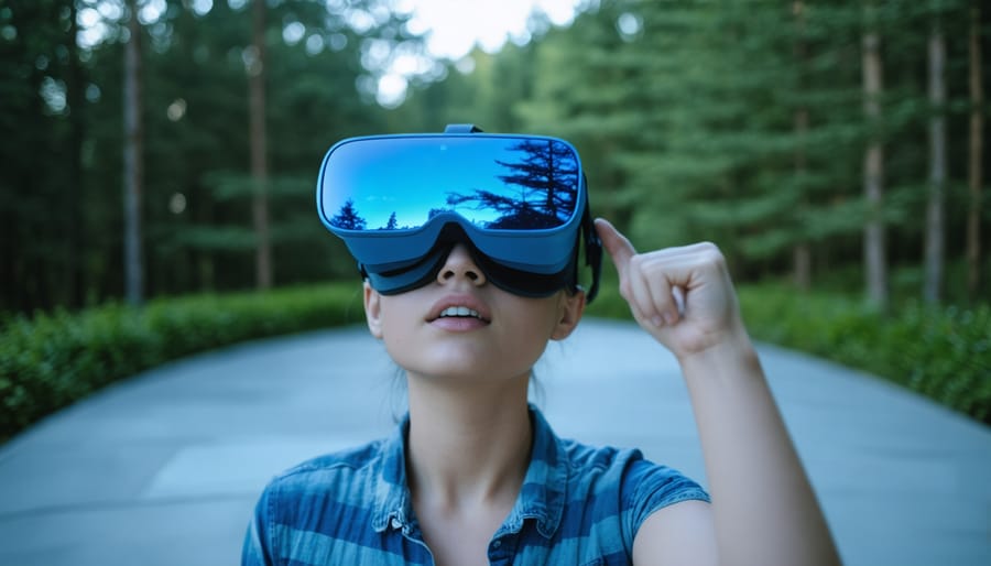 Business owner working on laptop with VR technology at modern workspace