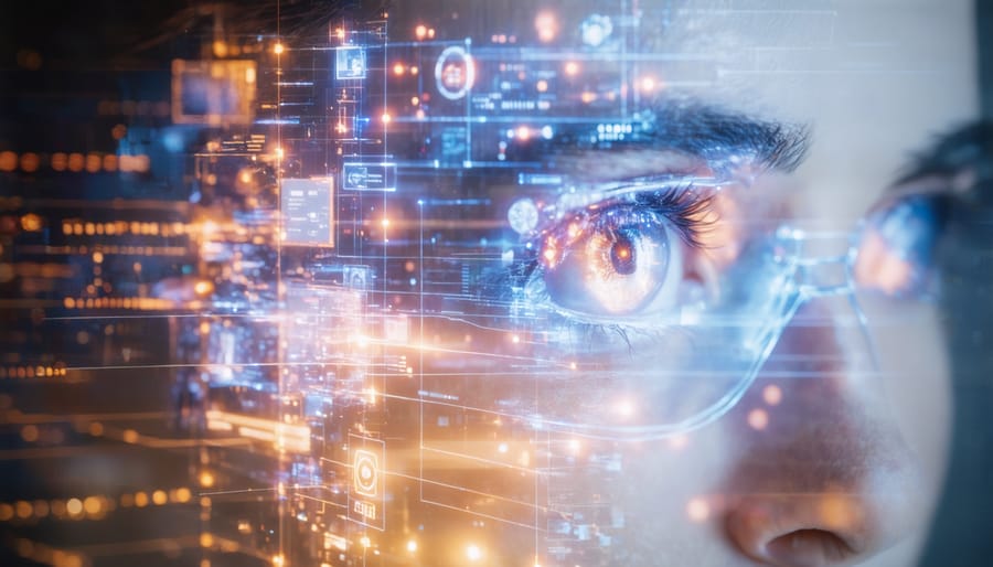 Business professionals collaborating to train security AI system on laptop
