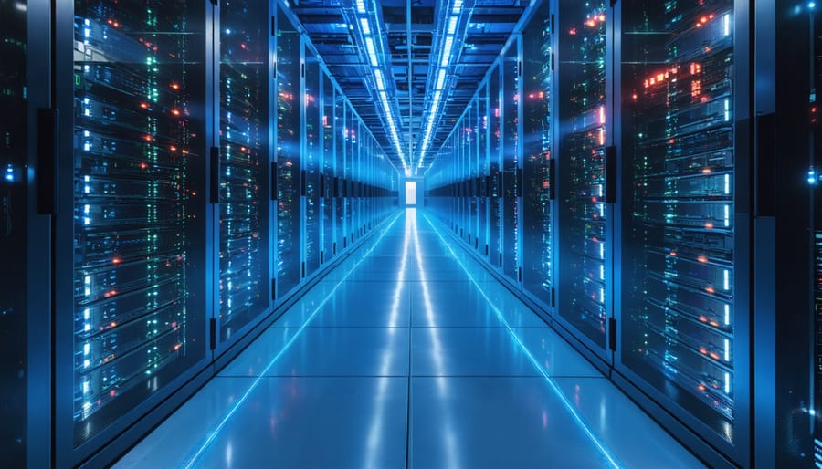 Low-angle view of a data center aisle with blue orderly and red irregular light trails converging into a central server rack, under cool LED lighting, representing hybrid anomaly detection.