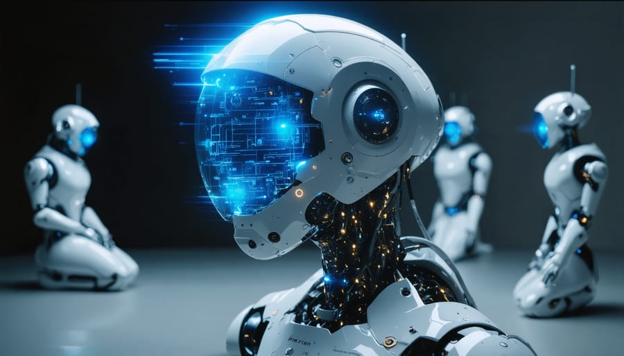 Marketing team collaborating on AI automation strategy implementation in modern office