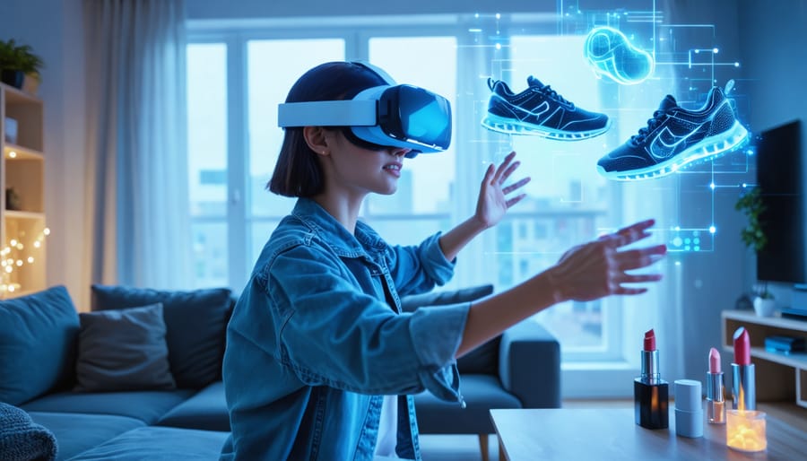 Person wearing a VR headset in a bright living room, reaching toward floating holographic products—a sofa, sneakers, and lipstick—with softly blurred home decor in the background.