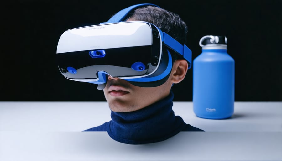 Business professional wearing VR headset interacting with virtual environment
