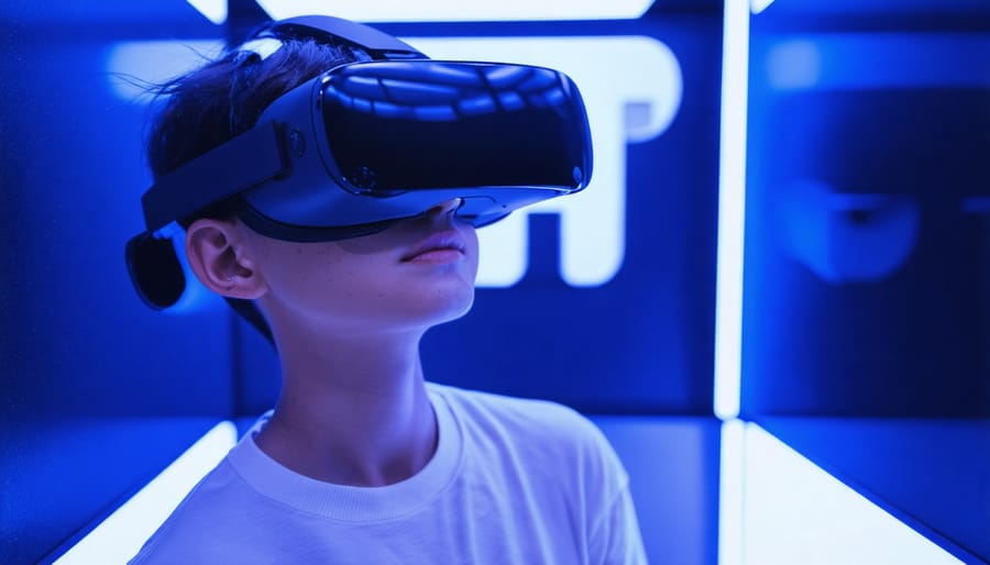 Person wearing VR headset interacting with virtual product displays in retail setting