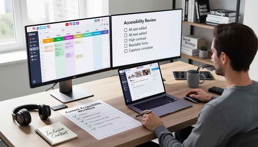 Marketing professional creating accessible social media content at organized workspace