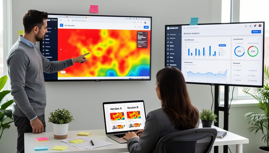 Business team collaborating on marketing analytics with laptop and planning materials