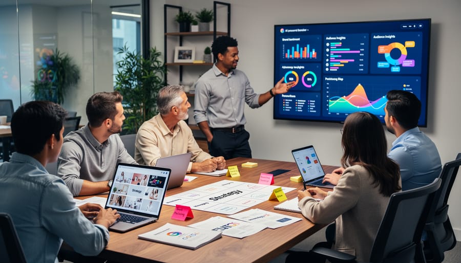 Business professionals collaborating with digital data in modern office setting