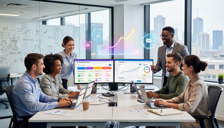 Business owner reviewing successful email campaign results on tablet in modern office