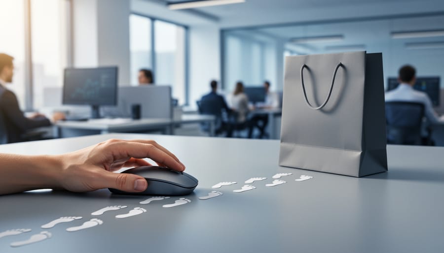 Close-up of a hand on a computer mouse with paper footprint cutouts leading across a desk to a small shopping bag, photographed from above with soft daylight and blurred office background.
