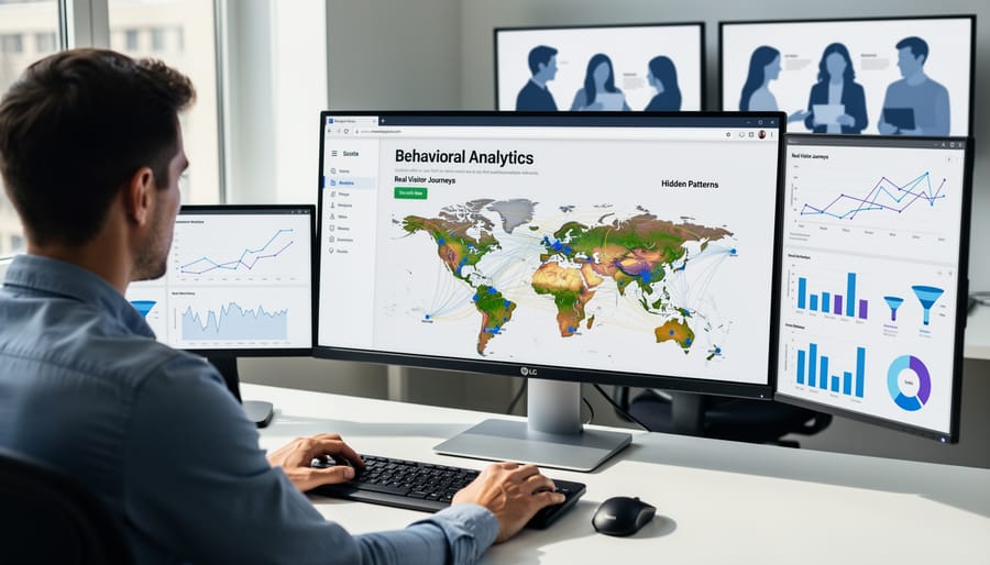 Business professional analyzing website behavioral data on laptop in modern office