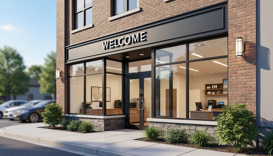 Inviting small business storefront with customers entering during golden hour