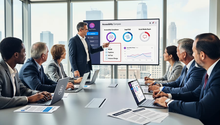 Business team discussing social media compliance requirements on laptop