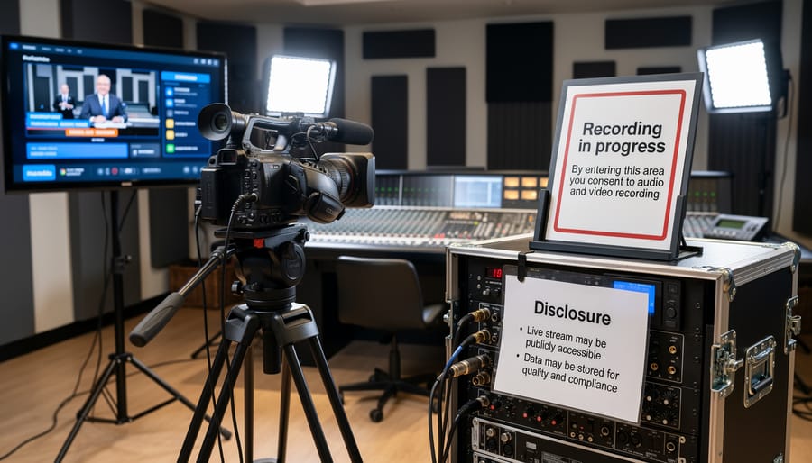 Professional live streaming setup with smartphone, ring light, and consent notification visible