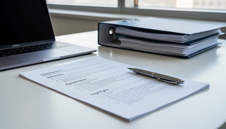 Business team reviewing and signing detailed contract documents at desk