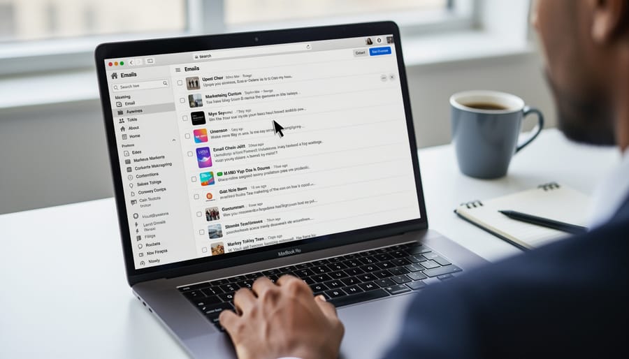 Professional woman looking at crowded email inbox on laptop with frustrated expression