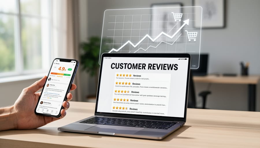 Happy customer displaying five-star review on smartphone in business setting