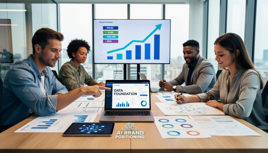 Organized workspace with laptop and business tools arranged on desk from above