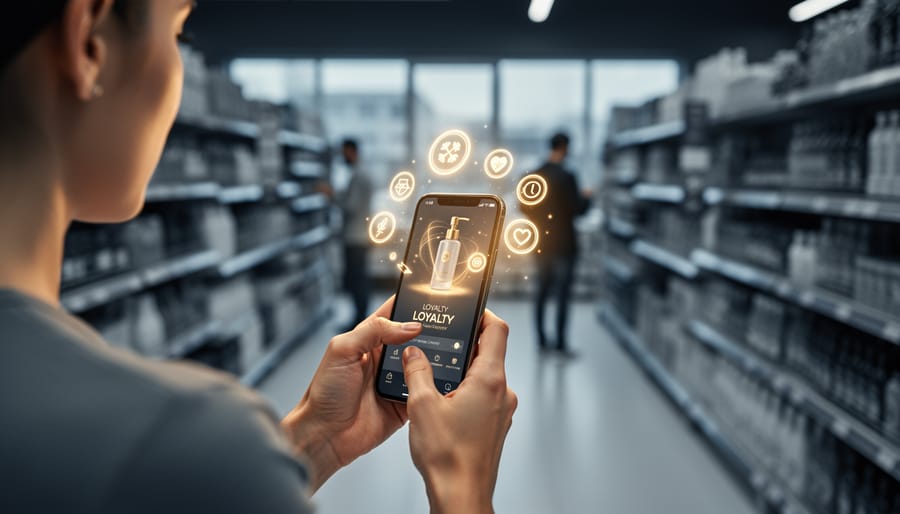 Over-the-shoulder view of a customer holding a smartphone in a retail aisle with an AR overlay showing a floating 3D product and loyalty icons without text; store shelves and other shoppers softly blurred in the background.
