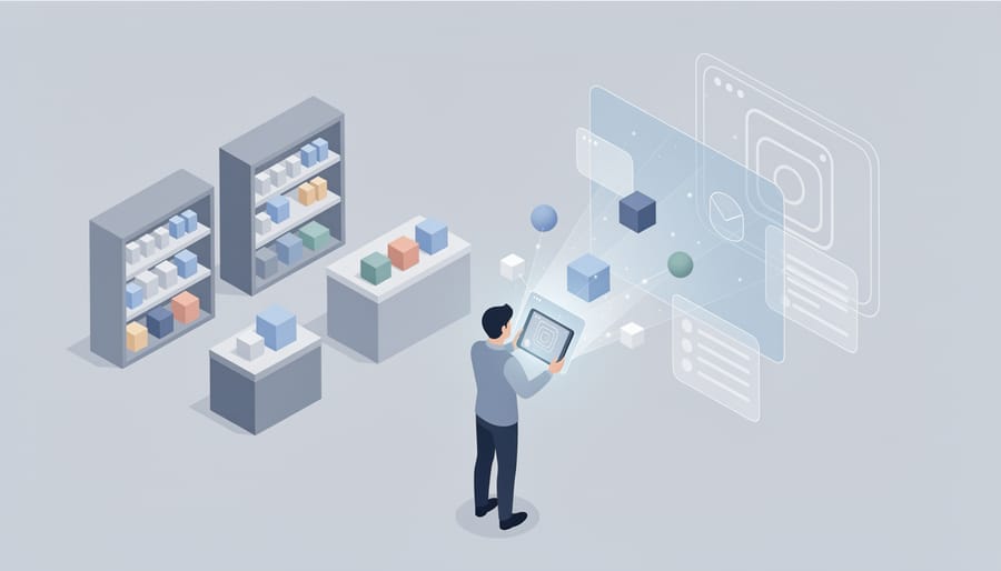 Business professional using smartphone with augmented reality holographic display