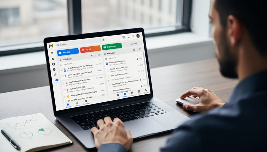 Business professional working on laptop with Gmail inbox showing automated email categorization