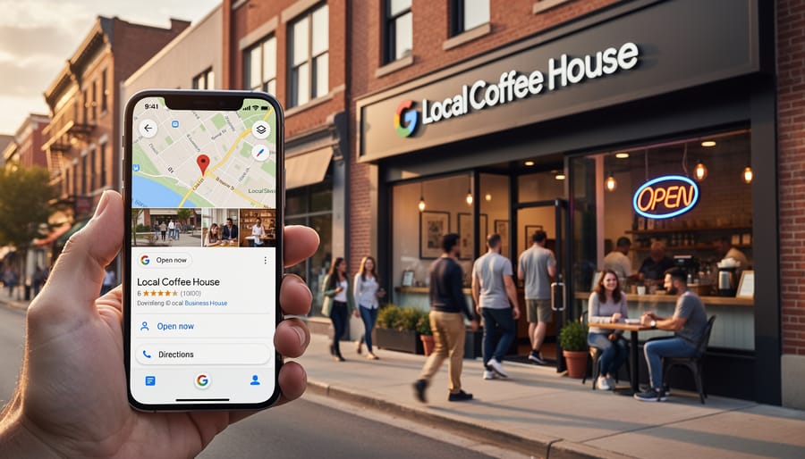 Business owner holding smartphone showing Google Maps location marker