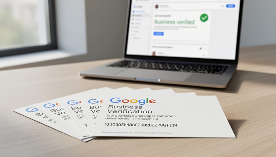 Business verification postcard from Google next to laptop keyboard