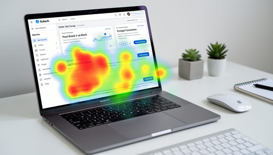 Close-up of hand clicking computer mouse with heatmap visualization in background