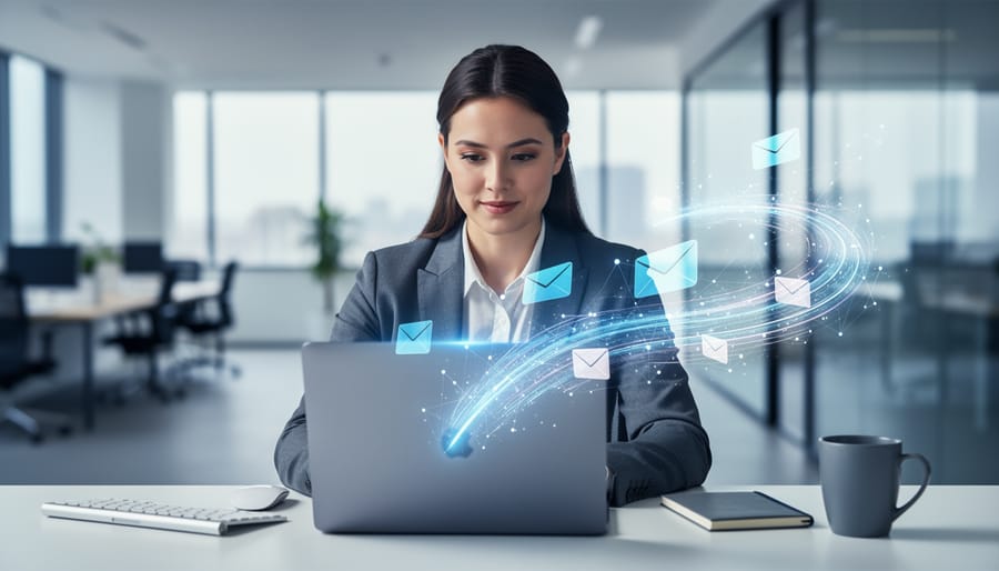 Marketing professional at a desk using a laptop with abstract floating email icons and glowing network lines, suggesting AI-powered personalization and optimized send timing in a modern office setting