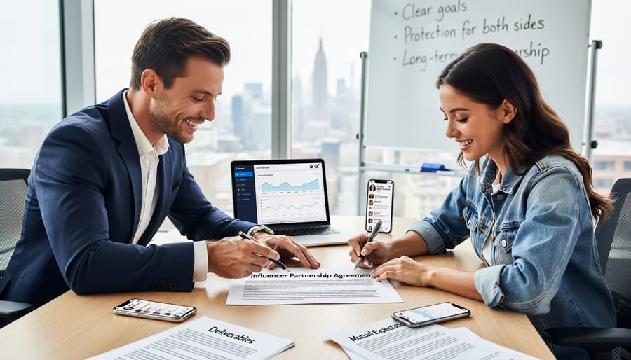 Business professionals shaking hands over contract documents in modern office
