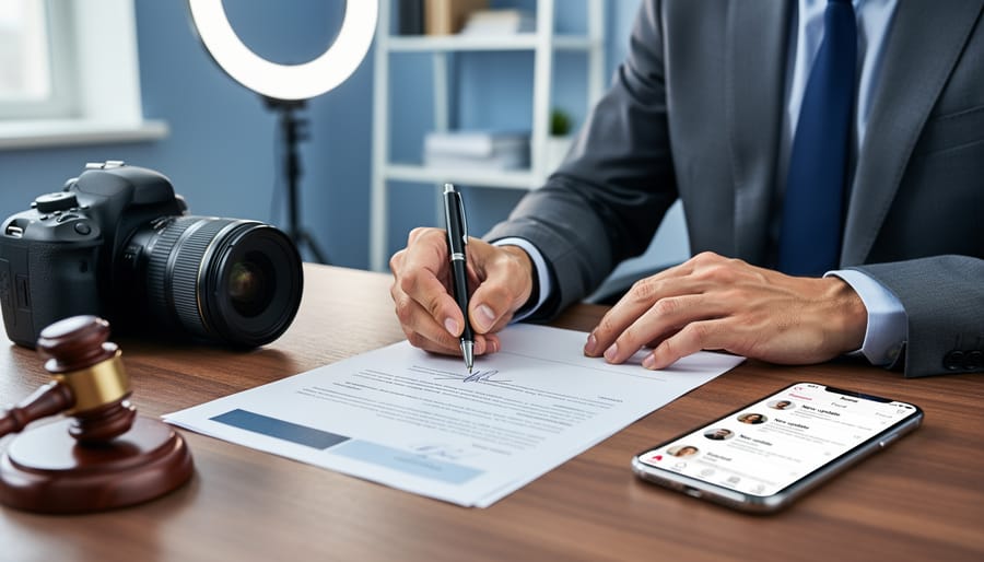 Hands of two professionals signing a contract on a wooden desk, with a DSLR camera, smartphone, and a small gavel; ring light and office shelves softly blurred in the background.