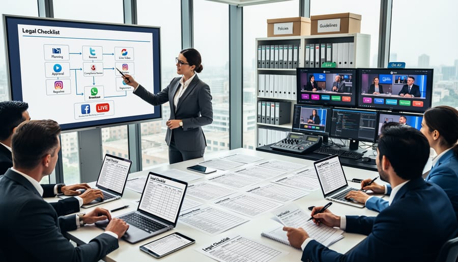 Organized workspace with laptop showing social media platforms and planning materials