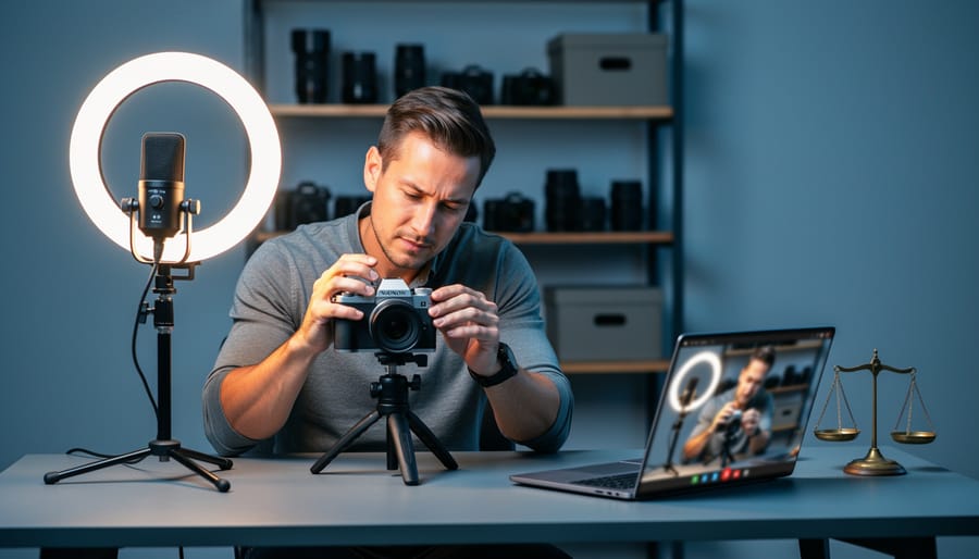 Live video marketer adjusting a mirrorless camera next to a ring light and microphone, with a laptop showing a blurred preview and a small scales-of-justice ornament on the desk in a studio setting.