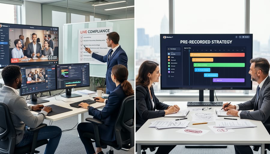 Business professional working on laptop with live video streaming on smartphone