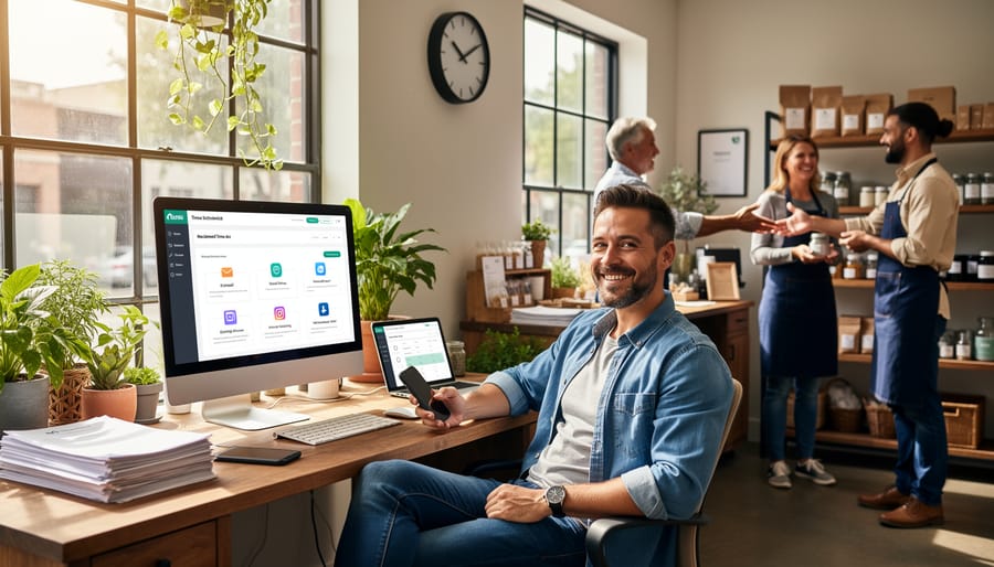 Business owner working efficiently on laptop in coffee shop environment