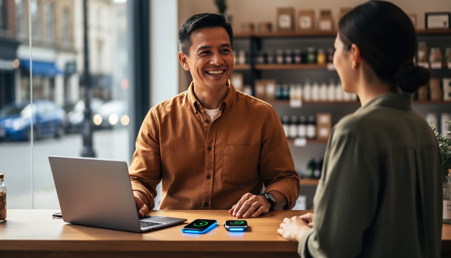 Small business owner greeting a customer across a wooden counter while a laptop, smartphone, and smartwatch softly glow with notifications, in warm natural window light with blurred shop shelves and street bokeh in the background