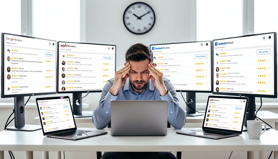 Multiple mobile devices showing various customer review platforms and rating screens