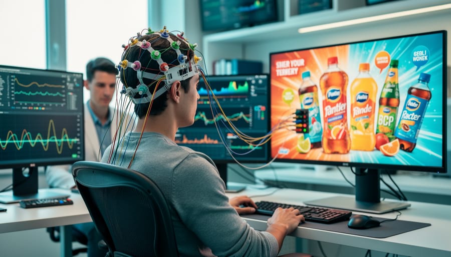 Person wearing EEG headset while viewing marketing content on laptop in research setting