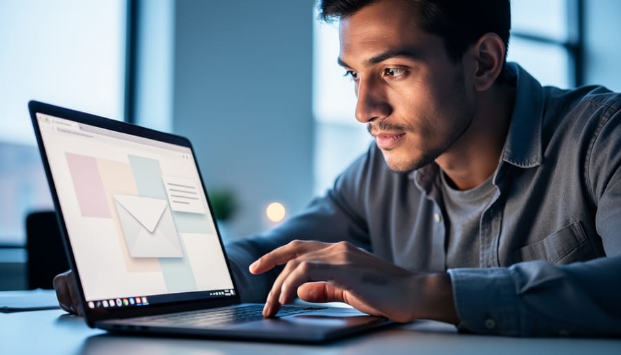 Close-up of a professional at a laptop, hand hovering over the keyboard and head tilted in thought, with warm screen glow and abstract, text-free email interface shapes under dramatic side lighting.