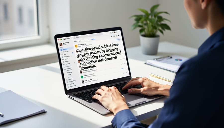 Hand reaching to open email with question-based subject line on smartphone screen