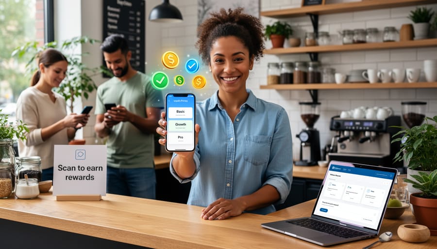 Business team planning augmented reality loyalty program implementation on tablet